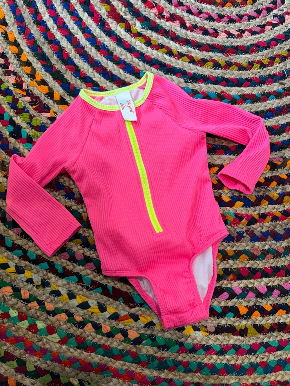 Kids Long-Sleeve Rash Guard Swimsuit - Hot Pink with Neon Yellow Zip -2T